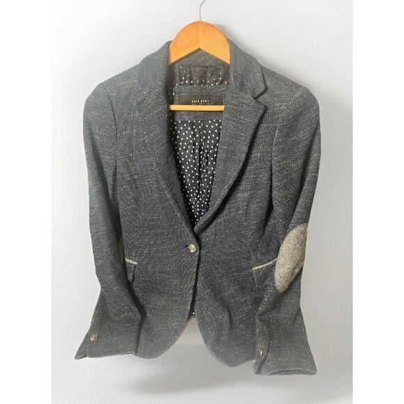 Zara Knit Textured Navy Blazer Star Lining Gray Elbow Patches Size XS Womens - Picture 1 of 7